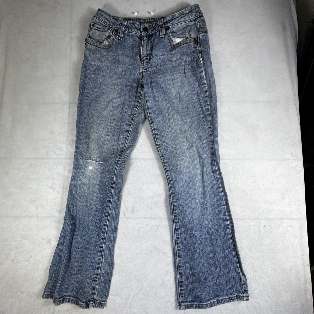 Zco Premium Womens Bootcut Jeans Blue Denim Studded Embellished Pockets Size 8P